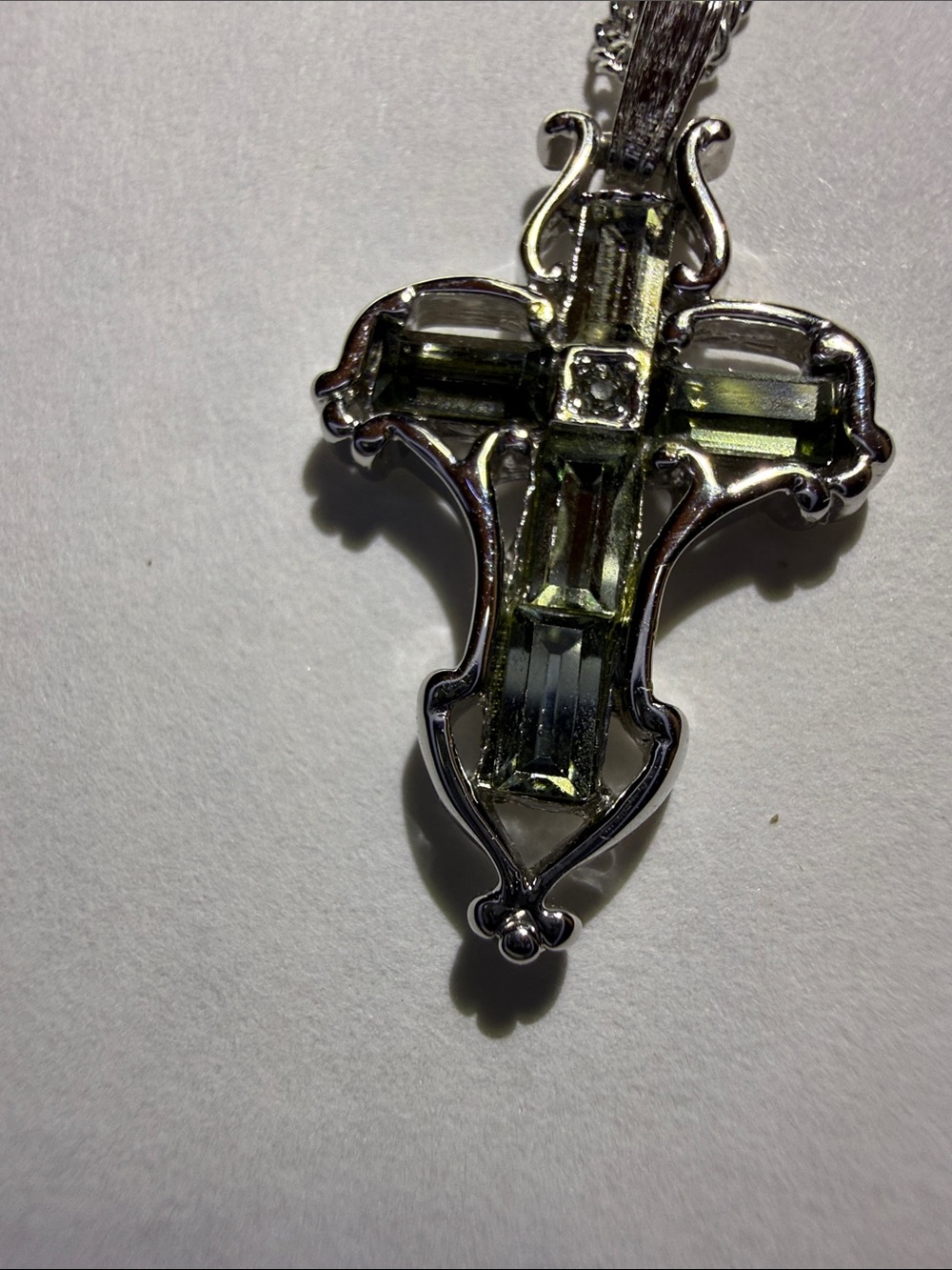 Sterling-Style Silver Cross Necklace with grey/green Crystal Accents
